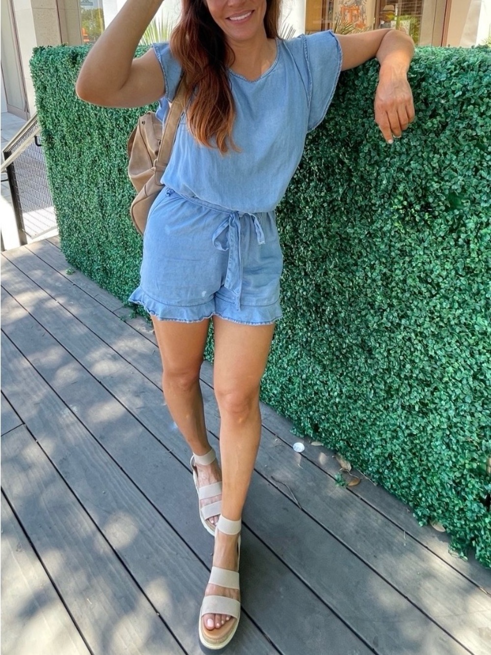 Light Blue Chambray Tie-Waist Romper - Casual Women's Jumpsuit